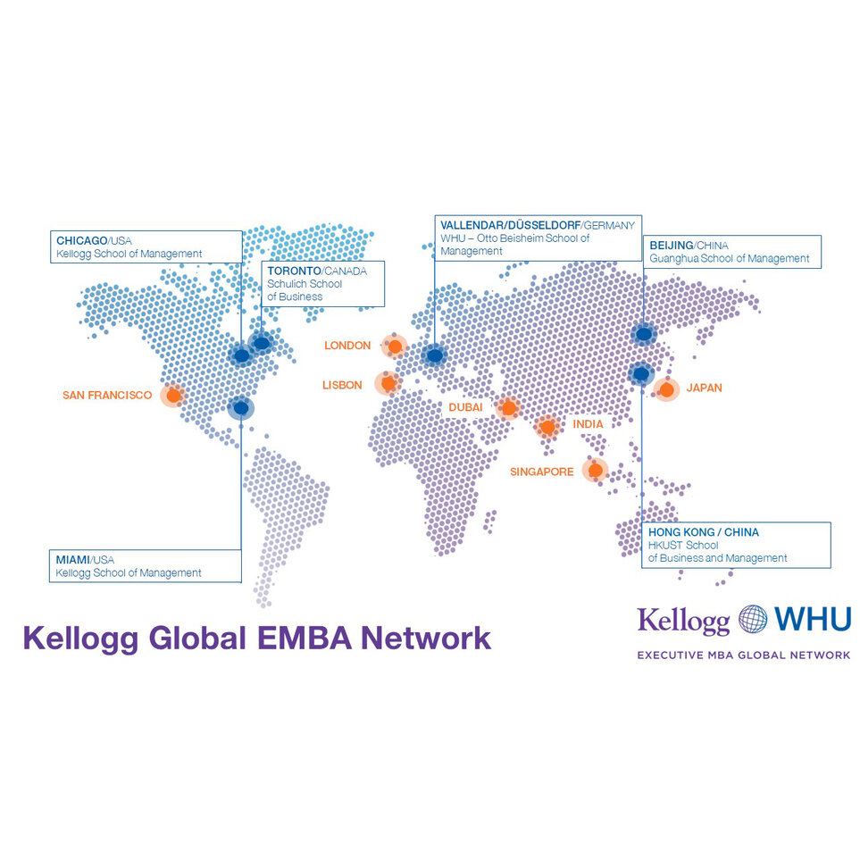 Weltkarte mit den Kellogg-WHU-Standorten weltweit, einschließlich der sechs Partnerschulen in Chicago, Miami, Toronto, Vallendar, Hongkong und Peking