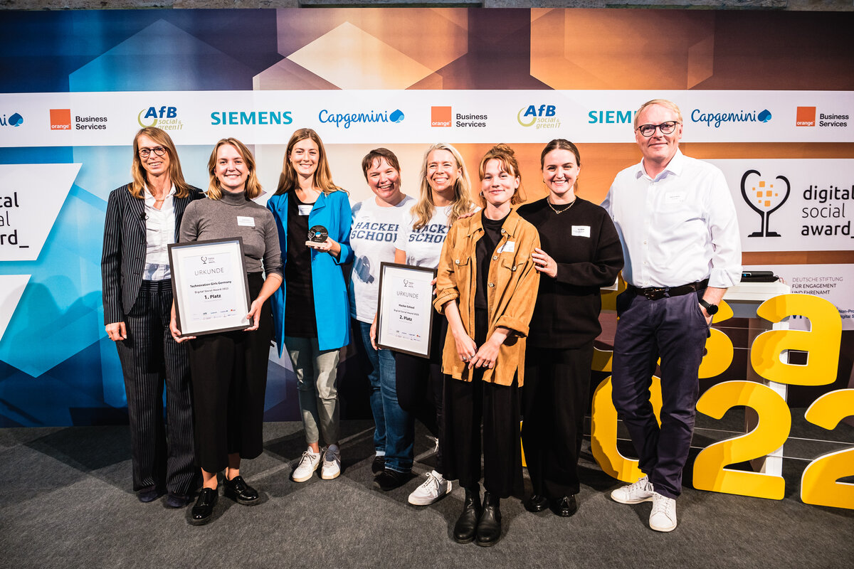 Die Preisträgerinnen des Digital Social Awards mit Dr. Peter Kreutter (re.)