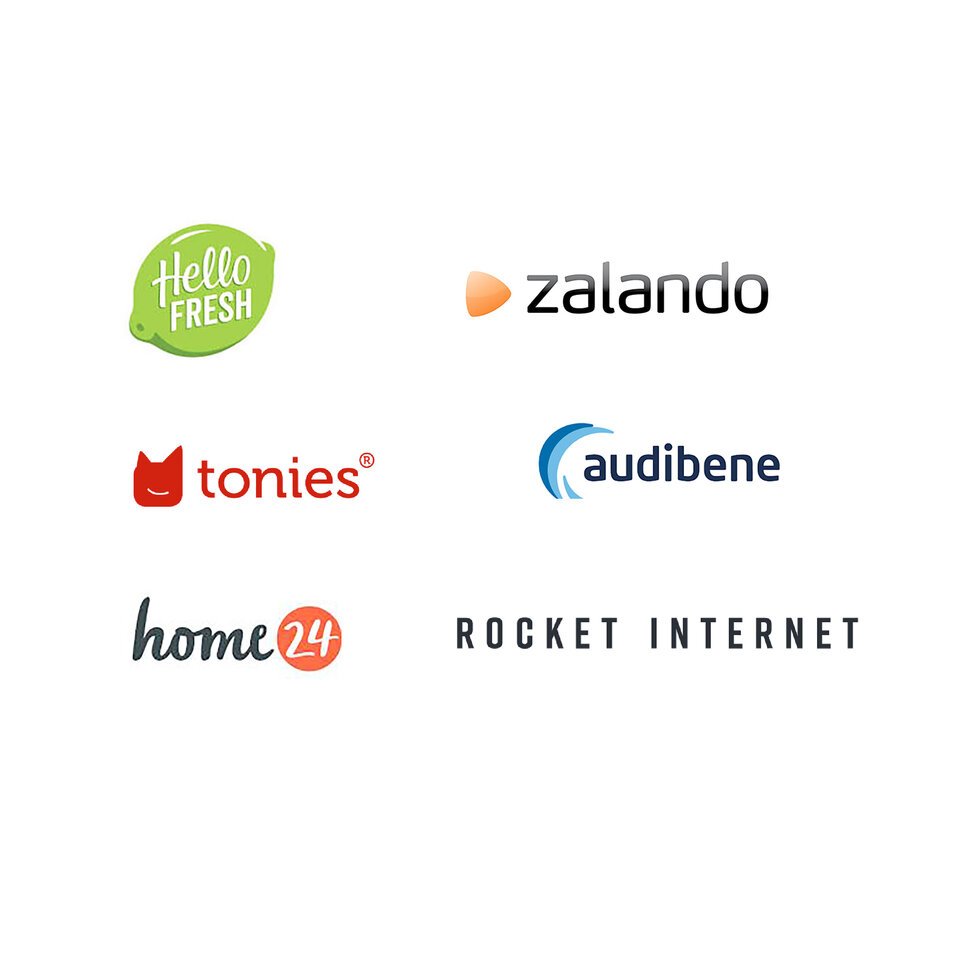 Firmenlogos von sechs WHU-Gründern auf weißem Hintergrund: Hello Fresh, Zalando, tonies, audiobene, home24, Rocket Internet